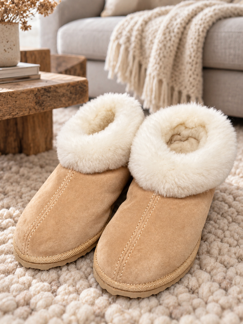 Fell-Hausschuhe mit fester Sohle, beige
