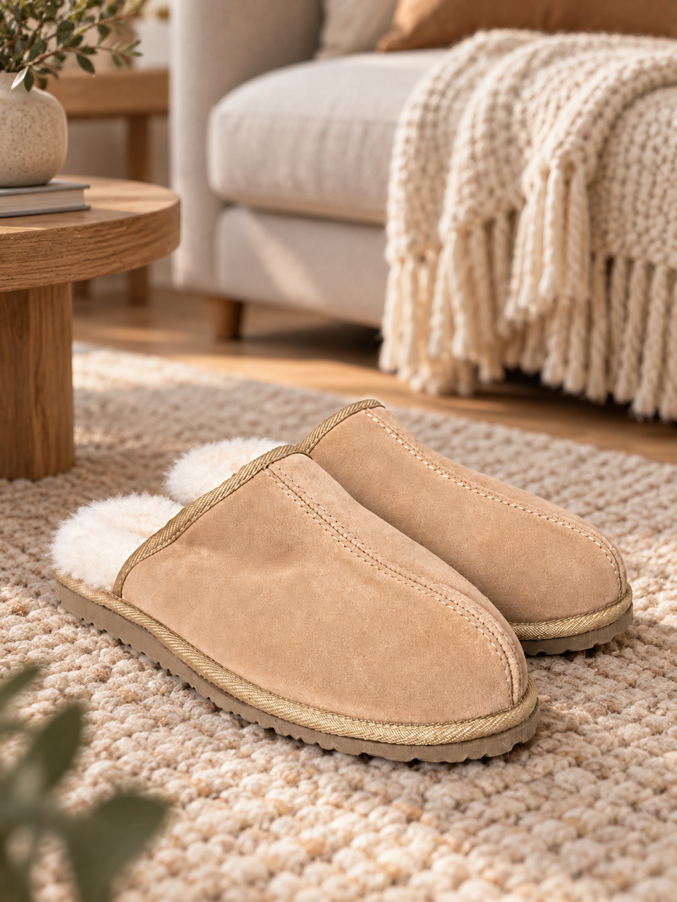 Fell-Pantoffel mit fester Sohle, beige