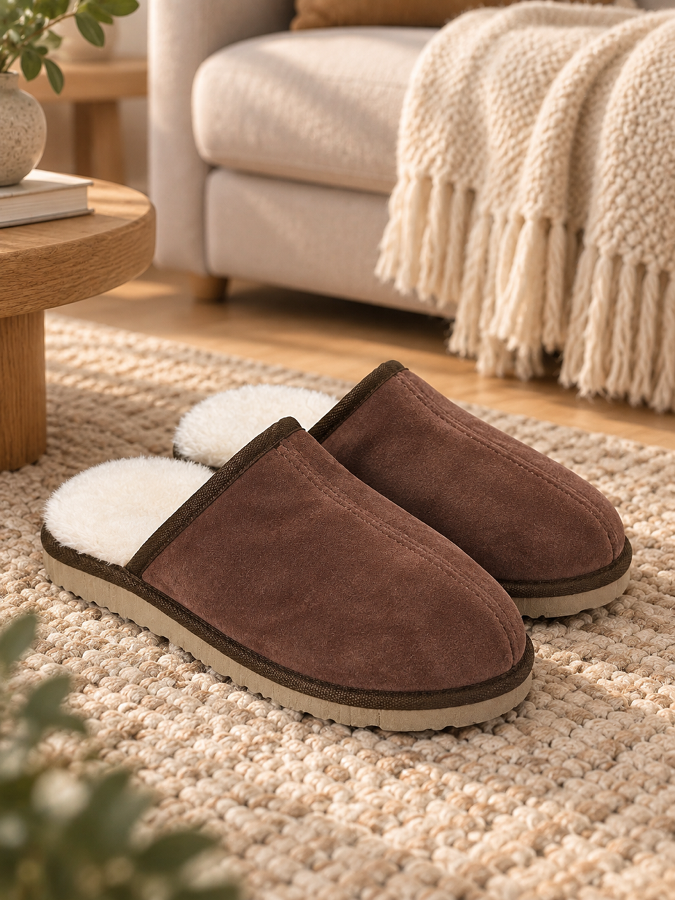 Fell-Pantoffel mit fester Sohle, braun