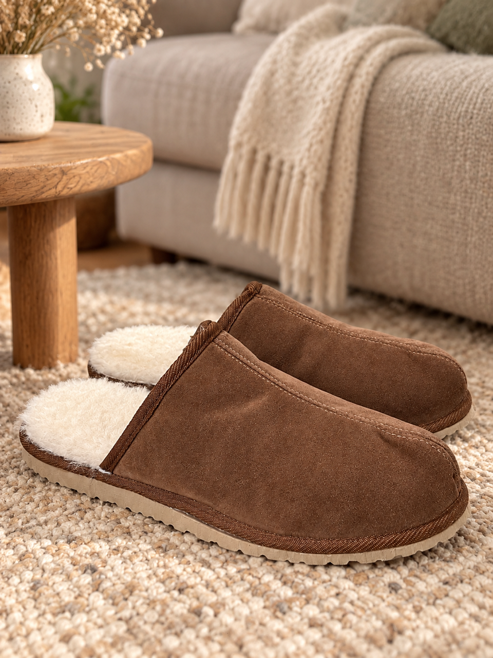 Fell-Pantoffel mit fester Sohle, cognac