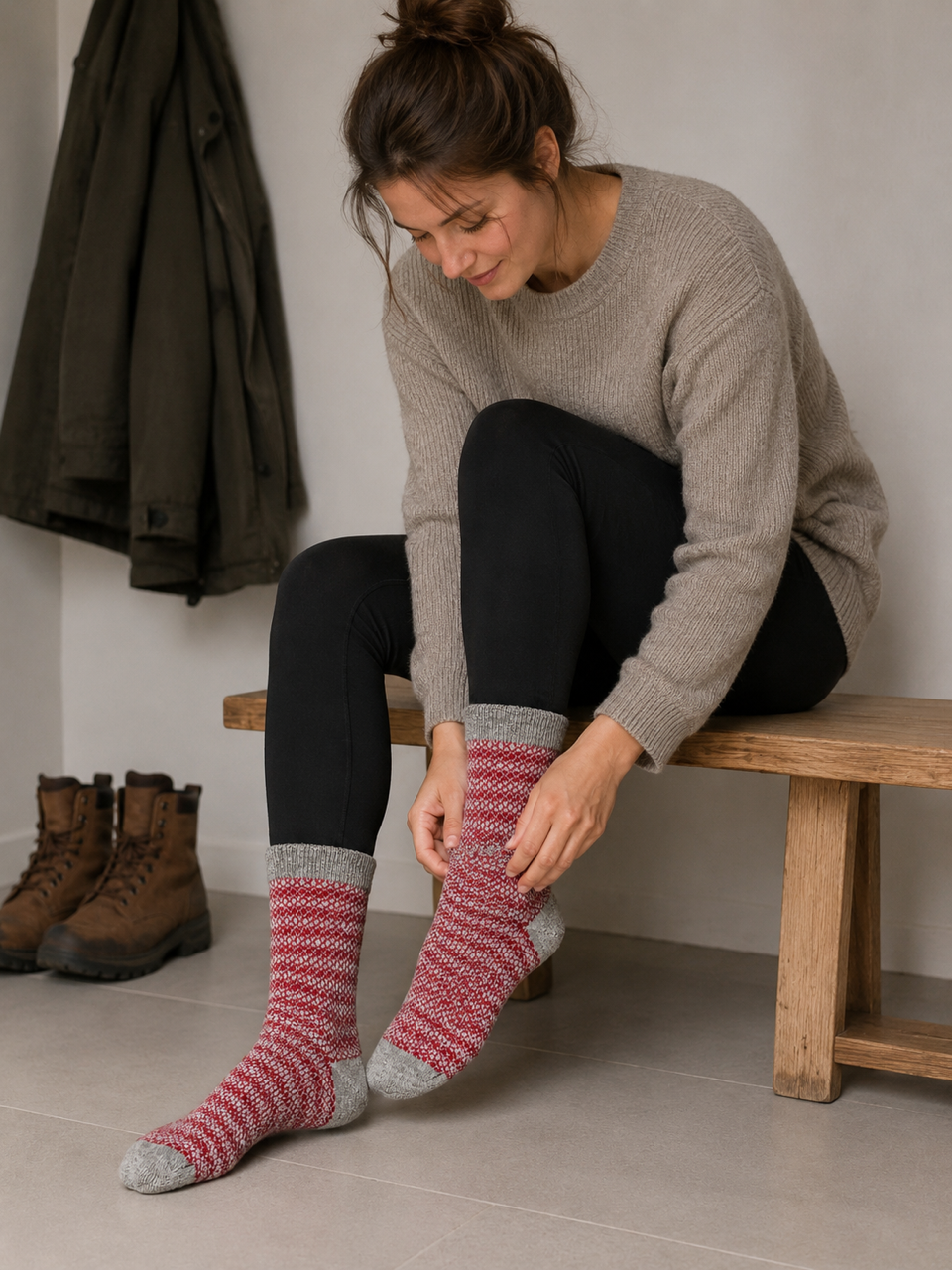 Wollsocken DS, rot-grau